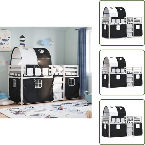 Etagenbett mit Vorhängen Weiß & Schwarz 80x200 cm Kiefernholz - Kinderzimmermöbel - Etagenbett - Hochbett - Jugendzimmer - Holzbett (1/5)
