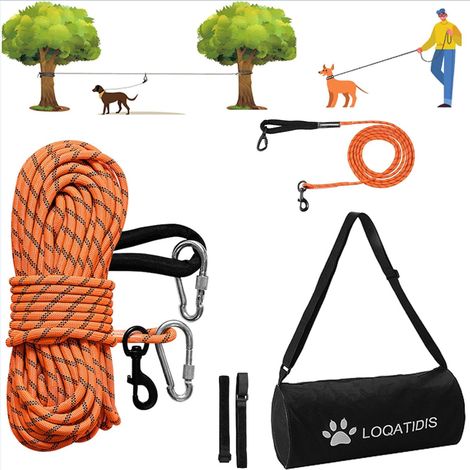 Câble d'attache pour Chien 3 en 1,30M+3M Orange Corde système de Trolley Portable Laisse pour Chien Corde pour Cour Camping Parcs événements en Plein air Installation en 5min avec Sac (1/5)