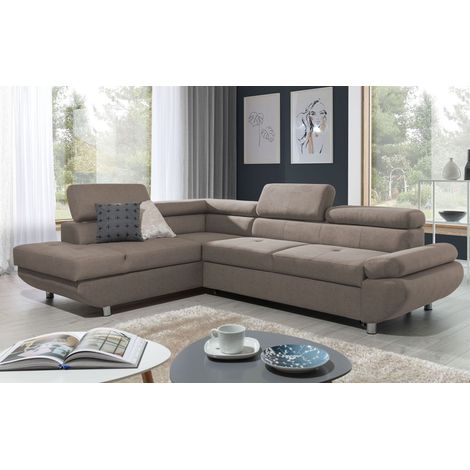 Ecksofa Sofa PANOS Stoff Esito Dunkelbeige mit Schlaffunktion Ottomane Links (1/4)