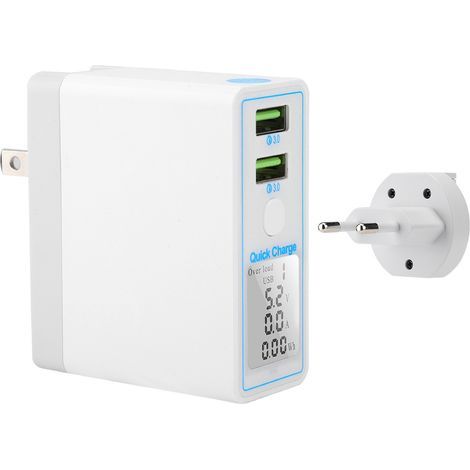 Cargador USB doble QC3.0 blanco con pantalla LCD para teléfonos, enchufe europeo de 100-240 V. (1/5)