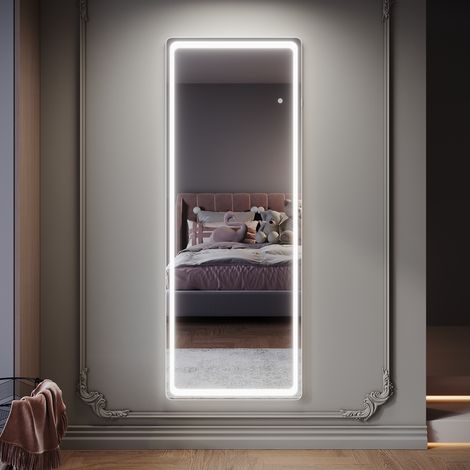 SIRHONA Miroir sur pied LED, 3 modes d'éclairage, prise intégrée, miroir pleine longueur avec support amovible et interrupteur tactile, 1600 x 600 x 35 mm (1/4)