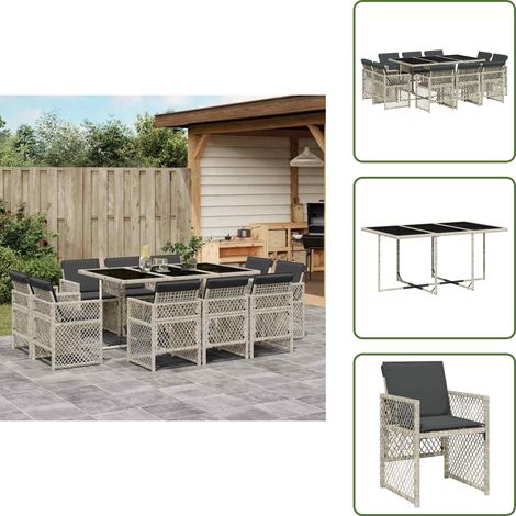 The Living Store Ensemble à manger de jardin 11pcs avec coussins gris poly rotin - Salon De Jardin - Meuble De Jardin - Set De Salon De Jardin - Table De Jardin - Chaises De Jardin