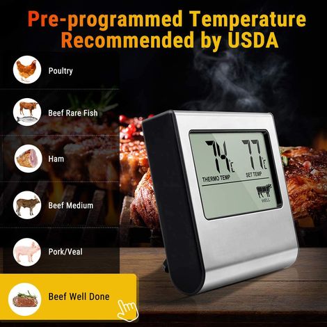 Termometro digitale ThermoPro TP-16 con ampio display LCD per cottura di alimenti, carne, affumicatore, forno, barbecue, grill e orologio con sonda in acciaio inossidabile.