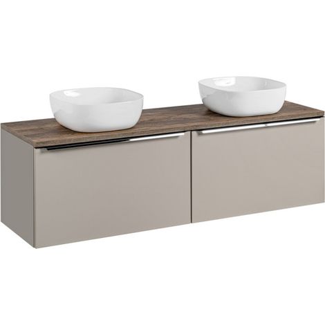 Meuble Double Vasques à poser L 160 cm x P 46 x H 48,5 cm - Taupe et poignées argentées chromées - Rosario - Livraison gratuite
