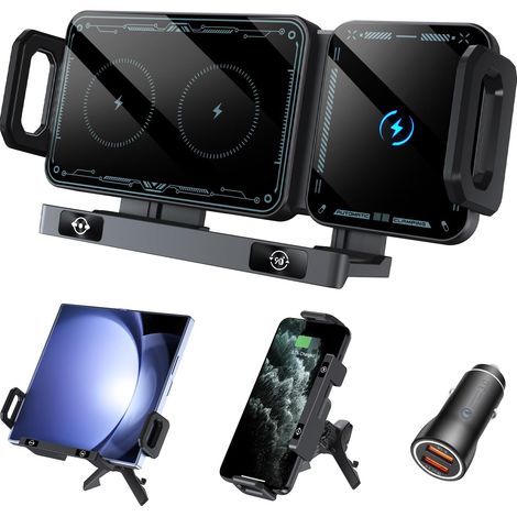 Support de téléphone Portable de Voiture pour Galaxy Z Fold 6 5 4 3 2 avec Fonction de Charge 15 W Dual Coils QC 3.0 Fast Wireless Charger Auto pour Z Fold Support de Voiture Rotatif