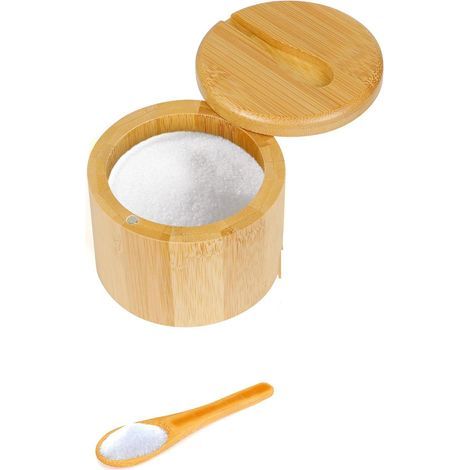 Gewürzbox aus Bambus mit magnetischem Schwingdeckel und Löffel, zur Aufbewahrung von Salz, Pfeffer, Zucker und Gewürzen, 170 g