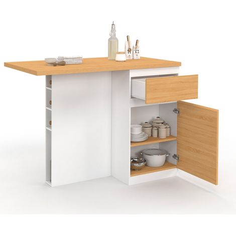 Idmarket – Îlot central 120 cm – Bois blanc et hêtre – Plan de travail 3 cm – Rangement avec 4 étagères range-bouteilles – Pour cuisine moderne