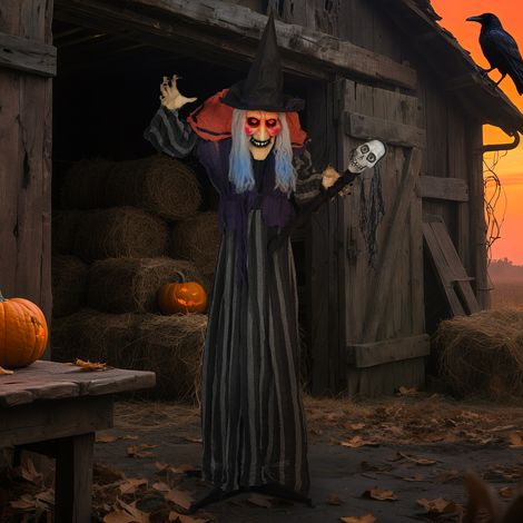 Decorazione di Halloween da 160 cm, strega di Halloween con luci a LED, funzione sonora, braccia e corpo regolabili. (1/5)