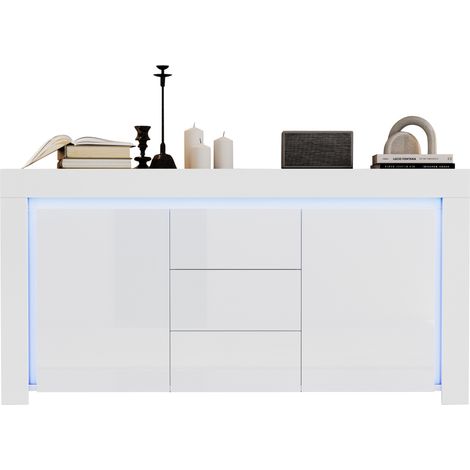Buffet de salon 140 × 40 × 65 cm avec 3 tiroirs et 2 portes – Meuble brillant avec bande LED et espace de rangement, adapté pour entrée, salon et bureau, blanc (1/5)