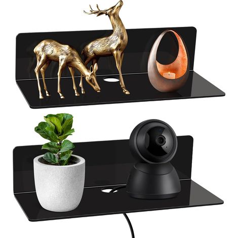Etagere Murale 2 Pièces, Étagère Murale sans Percage, Etagere sans Percer en Acrylique pour Chambre, Salle de Bains, Cuisine, Salon, avec 4 Clips Câble (1/5)