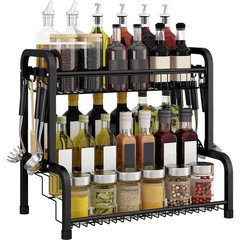 Étagère à Épices en Métal à 4 Niveaux, Support à Épices en Acier Inoxydable, Support de Rangement Cuisine Antirouille et Étanche, Organiseur pour Bouteilles à Épices Avec 8 Crochets Amovibles (1/5)