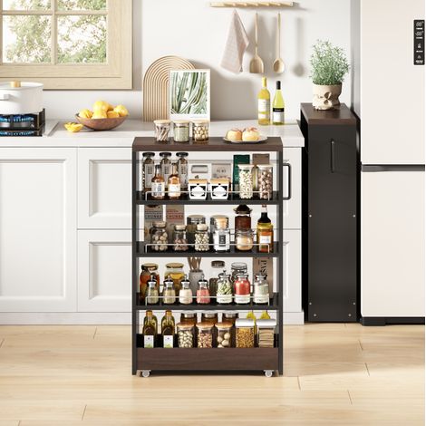 Desserte de rangement 12 cm en MDF noir et bois foncé, 4 étagères réglables avec protections inox, 4 roulettes, pour cuisine et salle de bain – de FLORAGRACE (1/5)