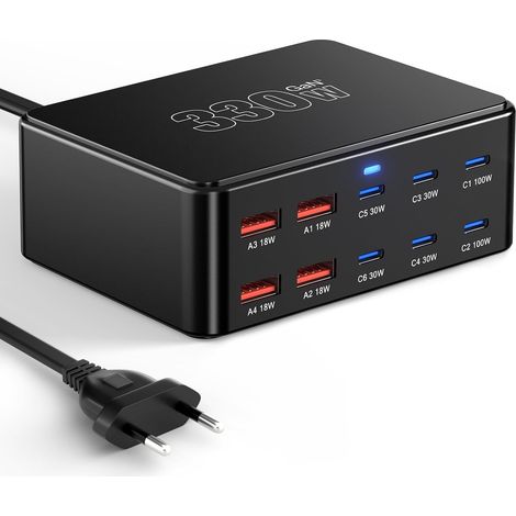 Chargeur USB C 330 W, PD 100 W, chargeur rapide 10 ports GaN III, bloc d'alimentation USB-C GaN Charger pour MacBook Pro/Air, ordinateur portable, iPhone 17/16 Pro/iPad, Samsung, Pixel (1/5)