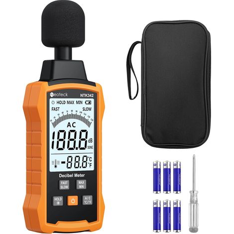 Tragbares digitales Schallpegelmessgerät 30–130 dB – A/C-bewertetes Dezibelmessgerät, schnelle und langsame Ansprechzeit, hintergrundbeleuchtetes LCD-Display, MAX/MIN- und Haltefunktion, professionell (1/5)