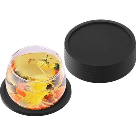 8pcs Sous-Verres en Silicone, Tapis de Tasse Noir Ronds, Sous-Verre Souple Antidérapant pour Tasses à Café, Tasse, Verre à vin, Bouteille, Tasses à thé de bar (1/5)