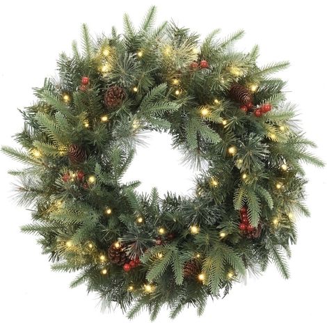 Couronne de Porte de Noël 50 cm, Guirlande LED avec Pommes de Pin et Baies Rouges, Minuterie (1/4)