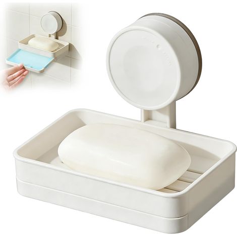 Portasapone con scarico per doccia - Portasapone a parete senza foratura - Ventosa per doccia - Porta spugna da cucina rimovibile - Bianco - Plastica - Rettangolare
