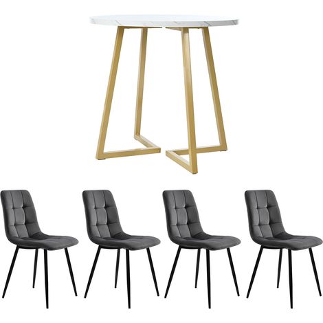 Ensemble repas 5 pièces, table ronde 80 cm avec chaises, mobilier cuisine moderne, table en MDF blanc pieds métal doré, 4 chaises velours gris foncé. (1/5)