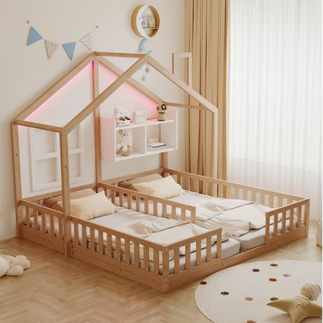 Lit enfant double en bois naturel 90x200 cm, style maison avec LED, barrières de sécurité et sommier à lattes (1/5)