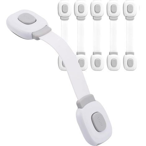 A set of 6 baby safety door stops, drawer stops, cabinet door latches, refrigerator safety devices, child cabinet safety devices, and baby furniture protection devices.