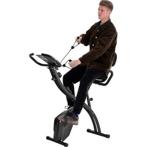 Vélo d'exercice pliable 4 en 1 – Ergomètre magnétique silencieux avec bandes de résistance – Entraînement cardio et fitness à domicile avec rouleaux, selle confort et écran LCD (max. 120 kg), noir