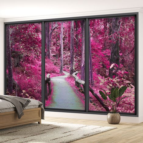 Papier peint panoramique Trompe l'oeil baie vitrée - Chemin forêt - 130 cm x 78 cm (1/5)
