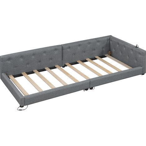 Tagesbett 90 x 200 cm aus grauem Leinen mit Lattenrost, 7-farbiger LED, USB-C (1/5)