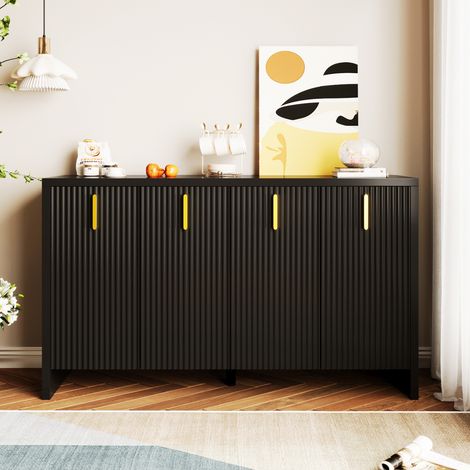 Buffet Bas et Doré 140cm - Enfilade de Salon Moderne avec 4 Portes Cannelées, Étagères Réglables et Poignées Design Chic - 140x38x80cm - Noir (1/5)