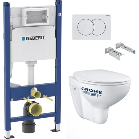 Pack WC Bati-support Geberit Duofix + Cuvette suspendue Grohe Bau Ceramic + Abattant declipsable + Plaque blanche (BauClassicGeb
