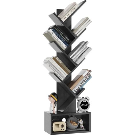 Bibliothèque d'arbre, Étagère à Livres sur Pied, Étagère de Rangement pour Magazines, CD, pour Salon, Chambre, Bureau, 112 cm, Noir (1/5)