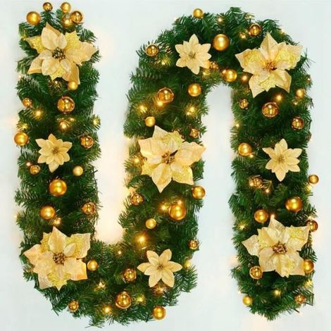 Guirlande Noël sapin avec LED+ boule dorée + fleur dorée- 2,7m - pour décoration Noël exterieur intérieure-Or (1/4)