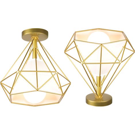 2PCS Retro Chandelier Vintage Cage Ceiling Light Diamond Shape 25CM (Gold) Industrial Ceiling Lamp Iron Metal E27 For Restaurant Cafe (1/5)