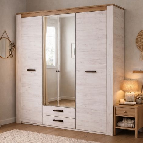 Großer Caiano Kleiderschrank, Schlafzimmer Schrank, 2 Schubladen, 5 Regale, Kleiderstange, 198,5x206,5h cm Weiß Lärche (1/5)