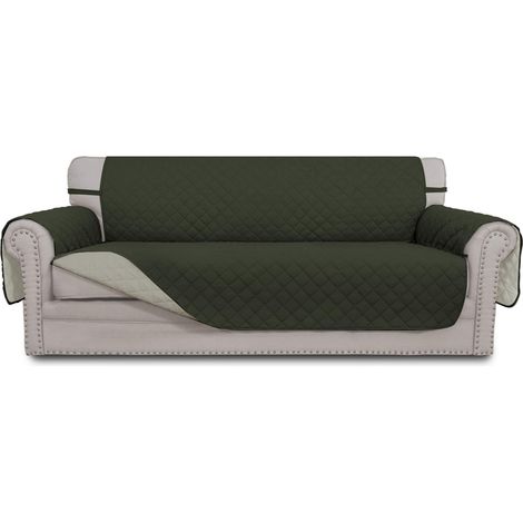 Housse de canapé réversible pour 3 Coussins - Résistante à l'eau - avec bâtons en Mousse et Sangles élastiques pour Animaux de Compagnie et Chat (canapé, Vert Kaki/Beige) (1/5)