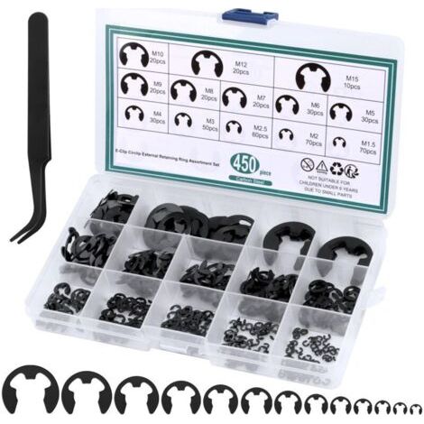 Pair Lot de 450 Circlips Internes et Externes E-Clips - Anneaux de Retenue pour Poulies, Engrenages et Roulements - 13 Tailles avec Boîte (1/5)