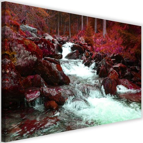 Tableau sur toile montagne ruisseau forêt rouge 60x40 (1/5)
