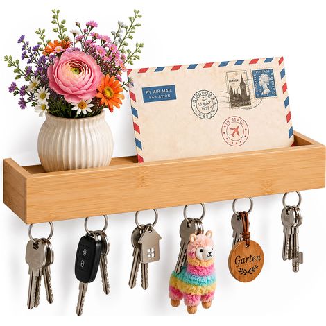 Relaxdays key rack, 6 hooks, floating key holder & shelf, wall-mounted, bamboo, natural (1/5)