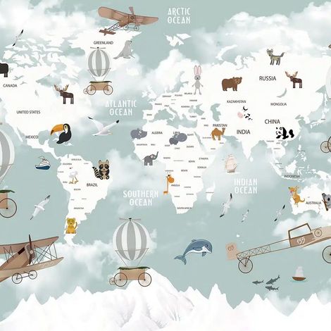 papier peint panoramique carte du monde pour enfants bleu et blanc  - Sanders & Sanders (1/5)