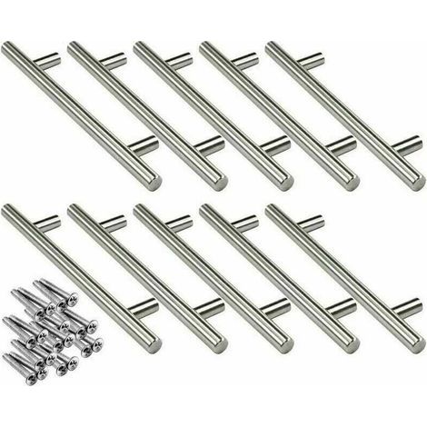 Lot de 10 poignées en T en acier inoxydable de 160 mm pour portes d'armoires de cuisine, diamètre 12 mm, avec vis. (1/4)
