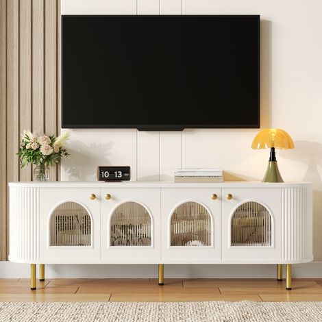 Meuble TV 170 cm, avec 4 portes vitrées, poignées et pieds dorés, aspect ondulé, meuble tele TV lowboard, pour salon et chambre - Blanc (1/5)