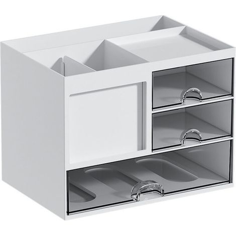 Boîte de rangement de bureau – 3 tiroirs – Porte-stylo multifonctionnel – 8 compartiments – PS – Blanc