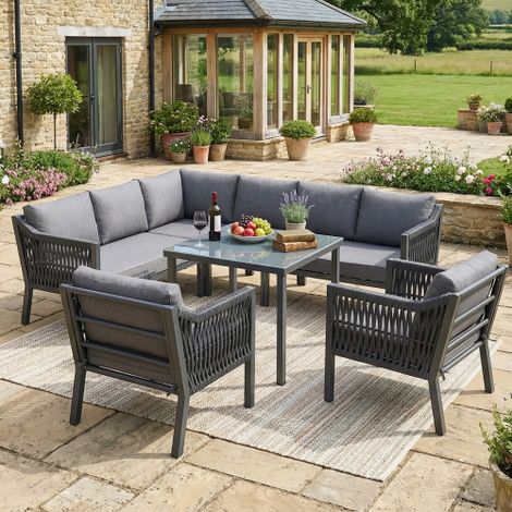 Garten-Essgruppe,Gartenmöbel-Set,8 Personen, Eckstellung, Verzinktes Eisen, Glastischplatte, Handgewebtes Seil-Set, bestehend aus einem Esstisch, zwei Sesseln und einem Ecksofa, Grau.