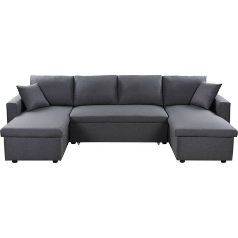 Canapé d'angle panoramique convertible 6 places – 295 x 146 x 81 cm – 2 coffres de rangement – Tissu gris foncé – Usinestreet (1/5)