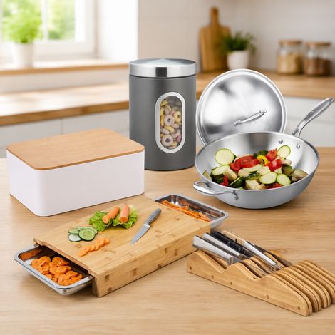 Juego de cocina de acero inoxidable 5 piezas panera tabla de cortar wok bloque para cuchillos y tarro de conservacion 226591828 (1/5)