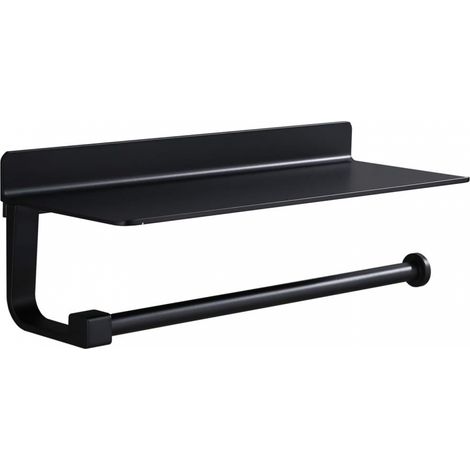 Soporte para toallas de papel con estante, de pared, apto para almacenamiento en cocina y baño, negro (33 x 8,5 x 8,2 cm) (1/5)