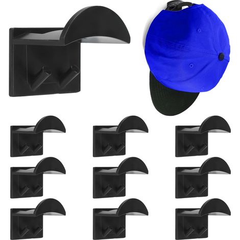Support mural pour casquettes de baseball, crochets de rangement auto-adhésifs sans perçage pour porte, armoire, chambre, noir, lot de 10 (1/5)