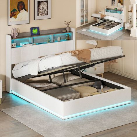 Letto contenitore 140x200 cm in velluto bianco con LED integrato, rete a doghe e ampio spazio di stoccaggio