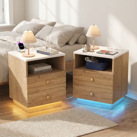 2er Set Nachttisch 44x38x55cm mit USB Typ-C Ladestation, Nachtkonsole mit 7-Farben LED Beleuchtung, Beistelltisch Holz Modern, Eiche-Optik und Weiß