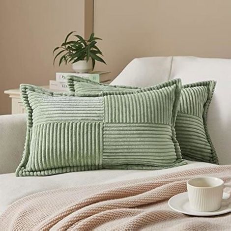 Lot de 2 Housse de coussin 35x35 cm, Velours côtelé gris clair, Motif rayé, Fermeture éclair invisible, Salon Bureau Jardin (1/5)