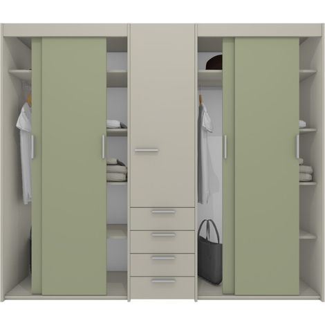 Armadio scorrevole L.225 cm con cassettiera centrale integrata - Ecru e Salvia